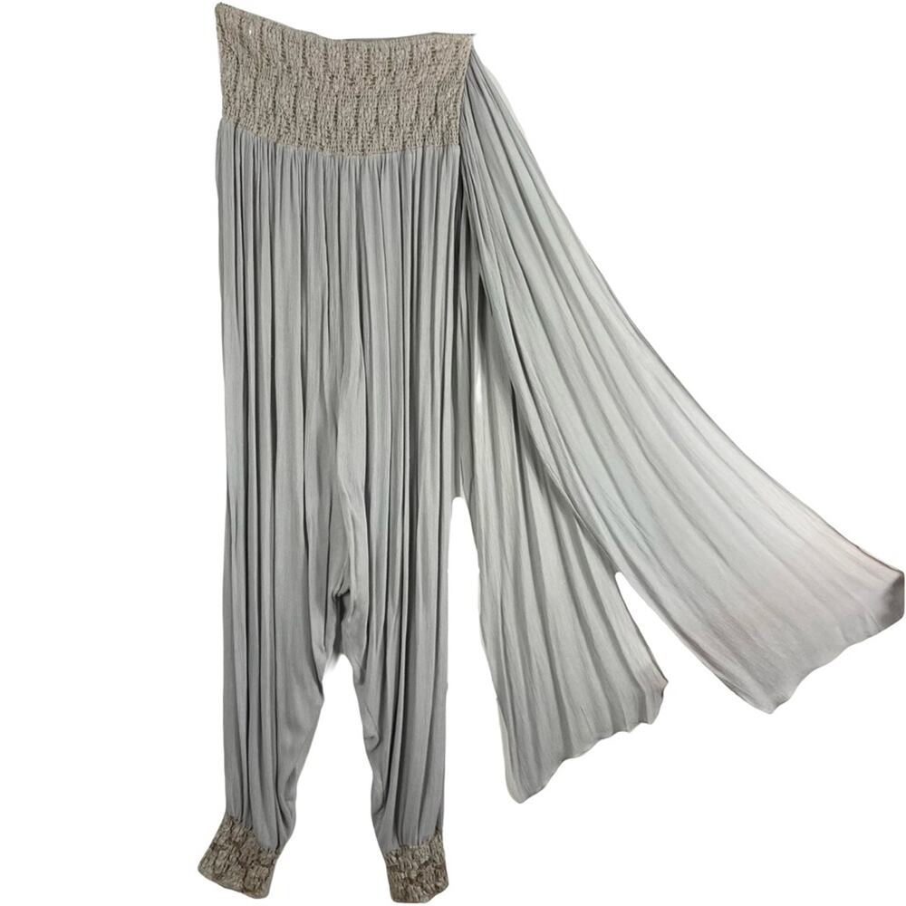 FREE PEOPLE Jumpsuit S Grey Crinkle Lace-Smoked-Top&Hem Tie Drop-Crotch Joggers